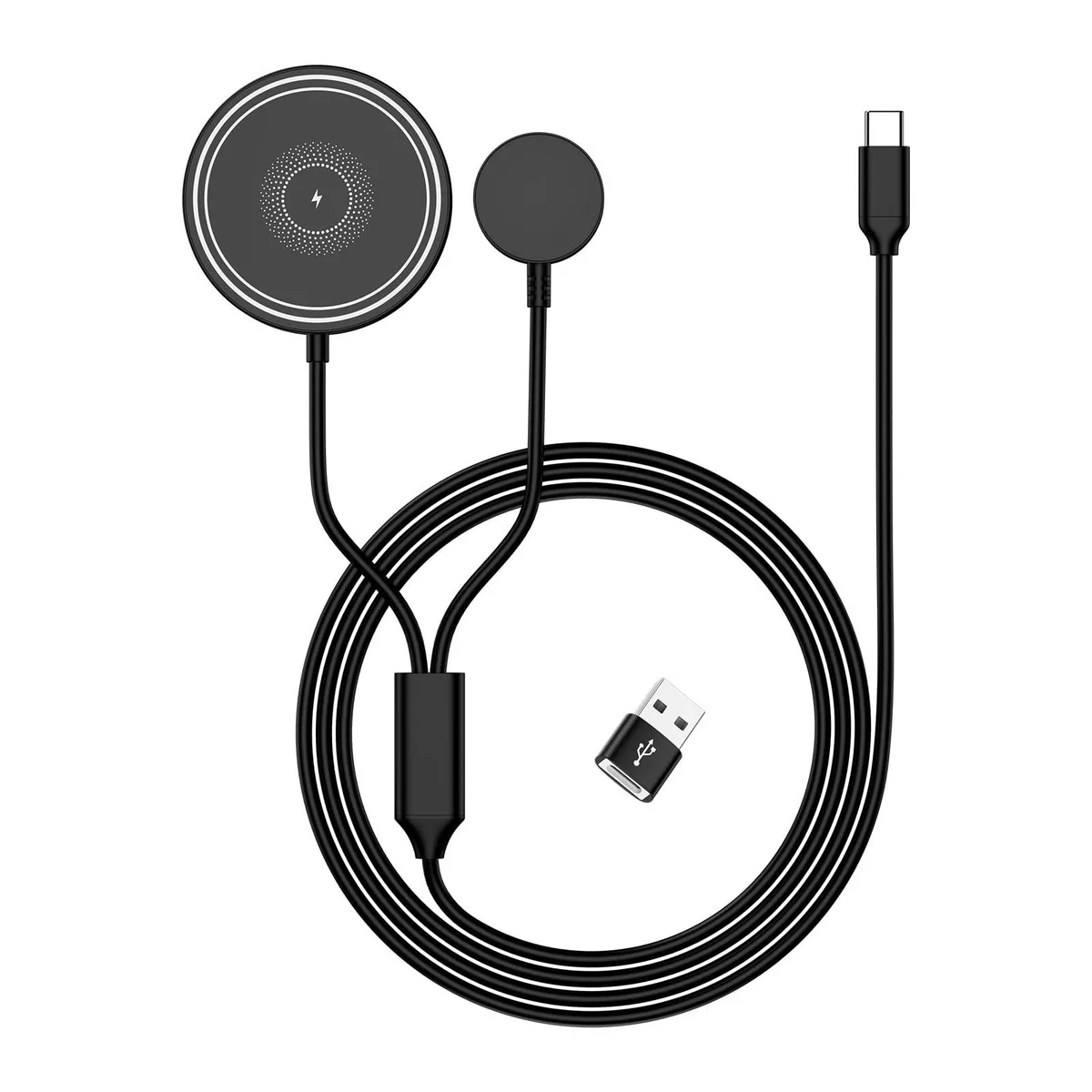 Compact dual wireless charger pad with magnetic watch dock, USB-C cable and adapter
