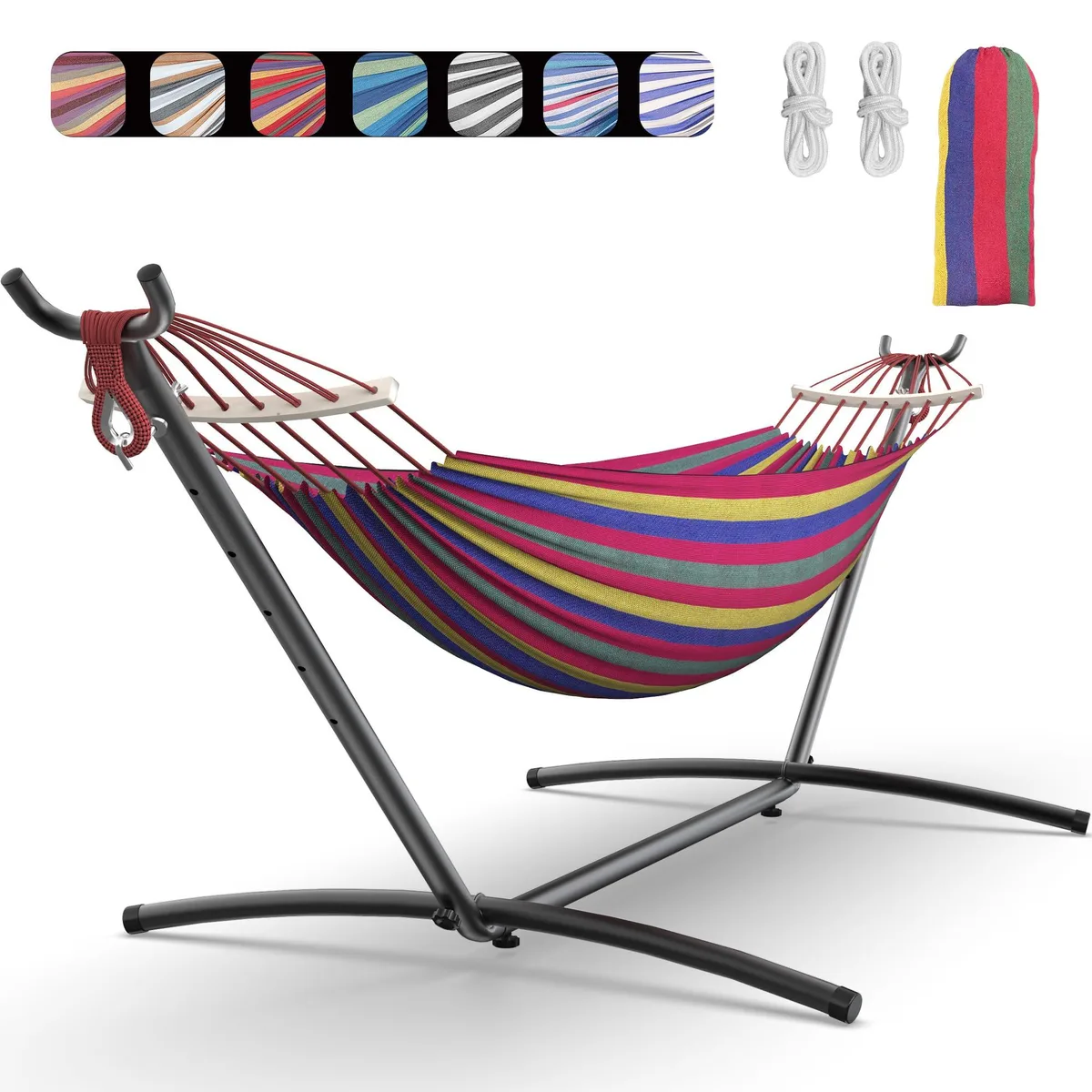 Red cotton double hammock on a steel stand, wide spreader bars, carrying bag included
