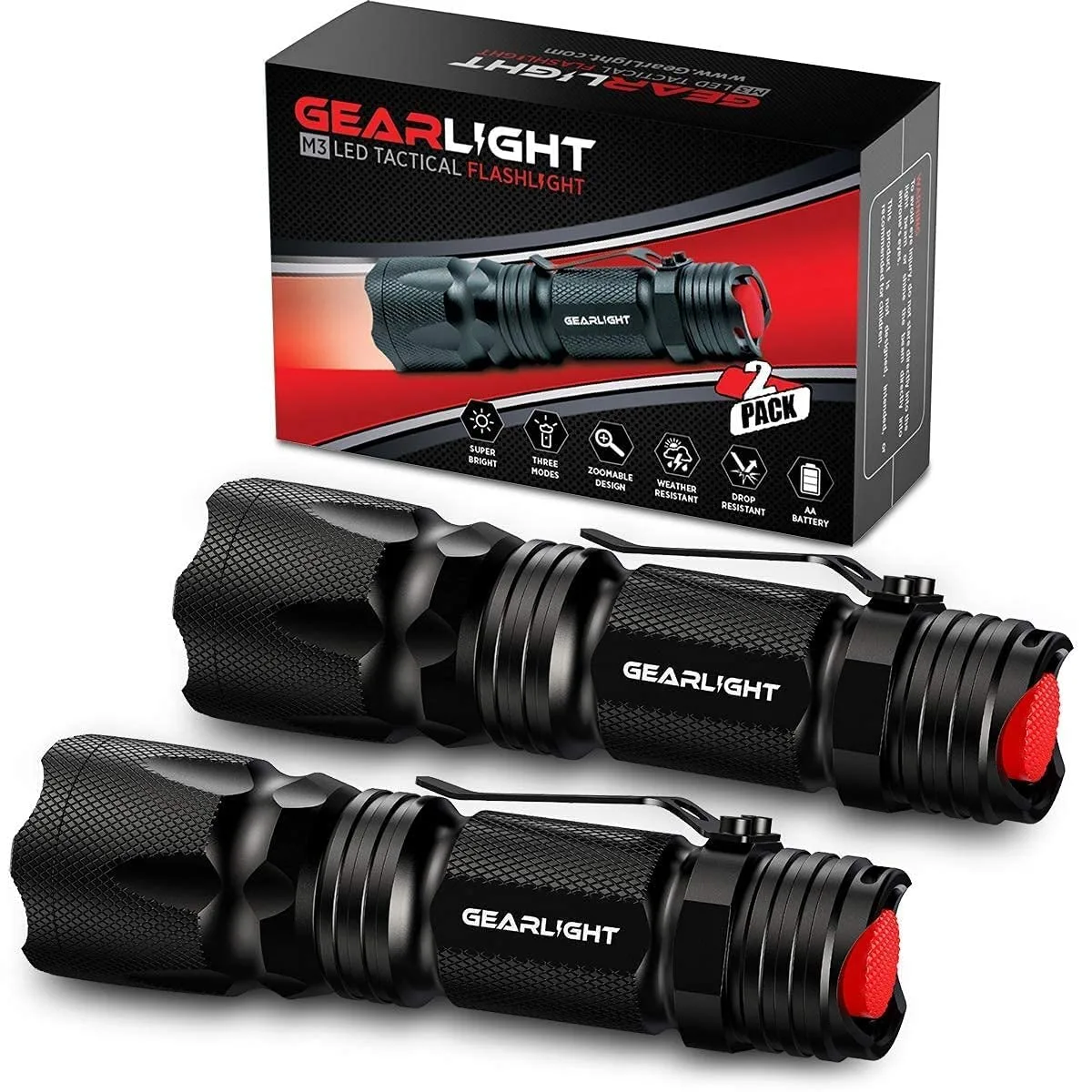 Two black aluminium mini flashlights with pocket clips, shown side by side