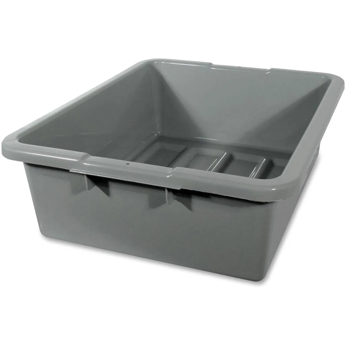 Gray rectangular plastic utility box with reinforced handles and rounded corners, 28.5 quart capacity