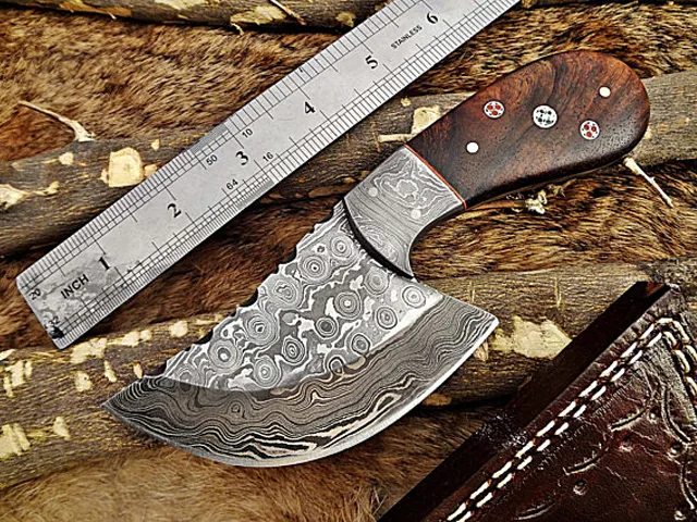 Damascus Depot Damascus Depot Hand Forged Damascus Steel Knife 7" overall 3.5" blade Rose wood handle leather sheath — product photo