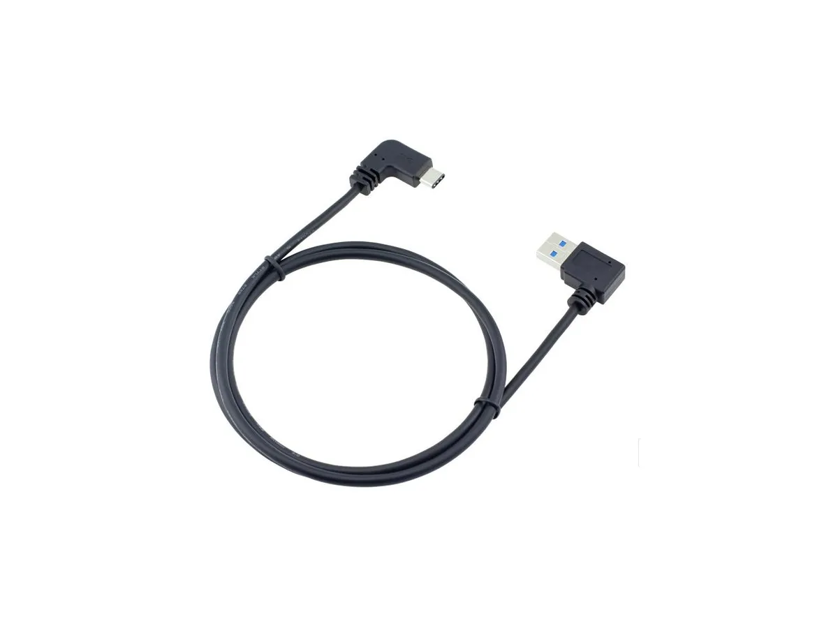 Black USB 3.0 cable with right-angled Type-C connector and straight Type-A plug, PVC jacket, 3.28 ft