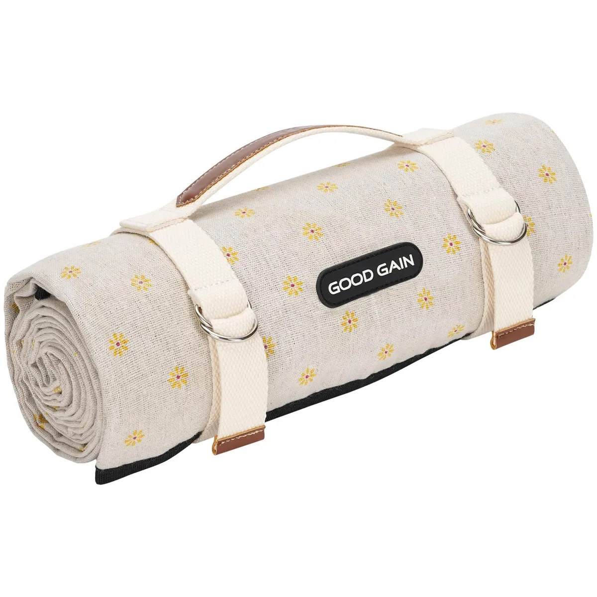 Yellow flower picnic blanket folded with carry strap