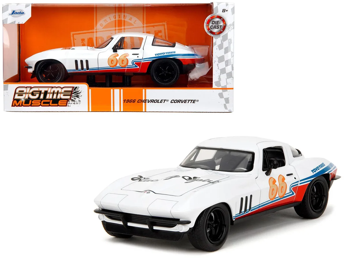 Jada Jada 1966 Chevrolet Corvette #66 Racing Spirit White Bigtime Muscle 1/24 Diecast Hobby Collectible — product photo
