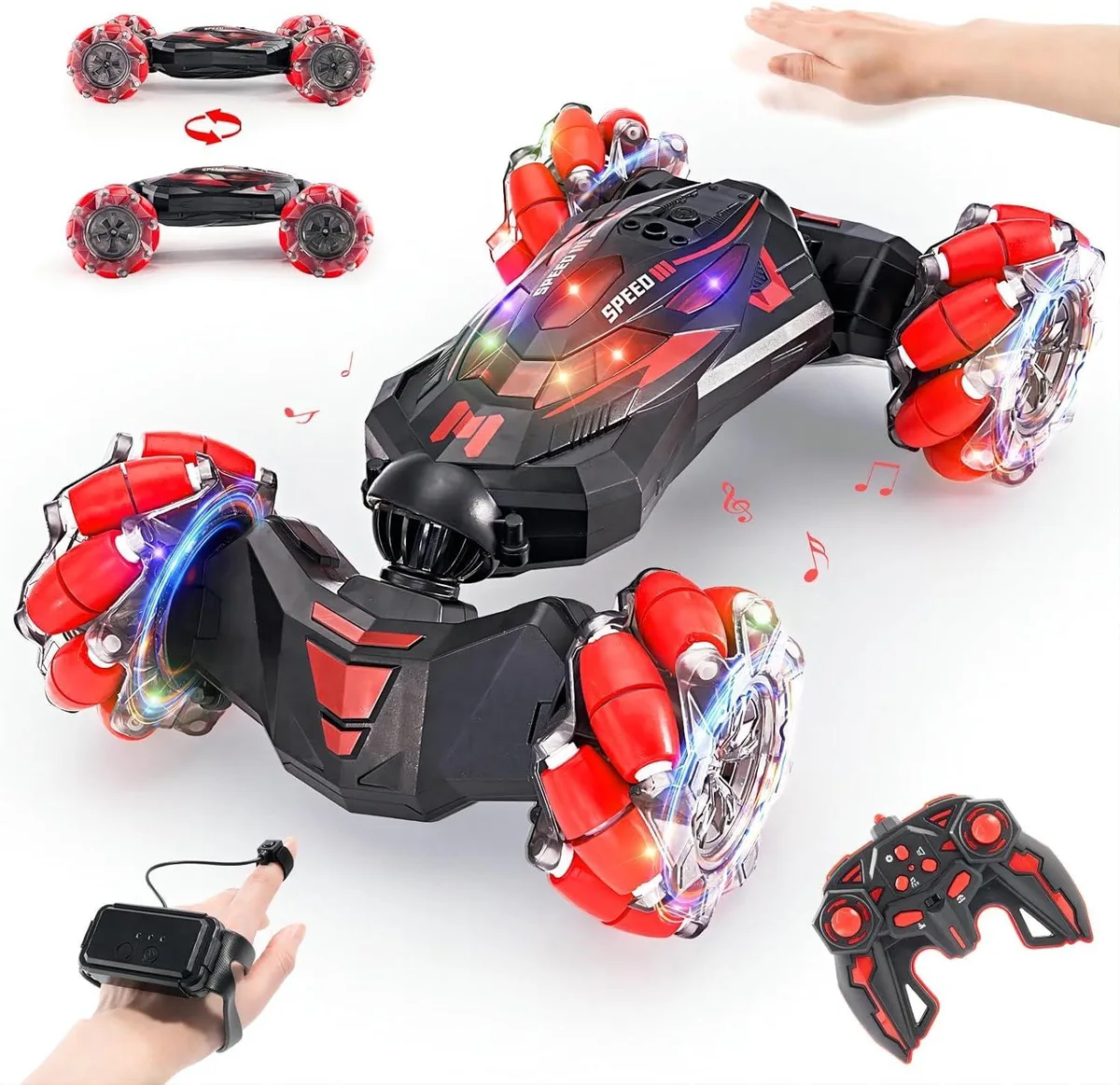 Red RC stunt car with gesture-sensing watch remote, 4WD, lights and music