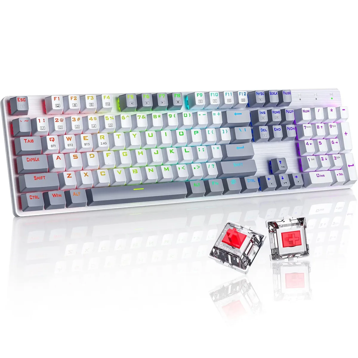  RisoPhy Mechanical Gaming Keyboard White Red Switch 104 Keys PBT Keycaps 2.4G Bluetooth USB-C — product photo