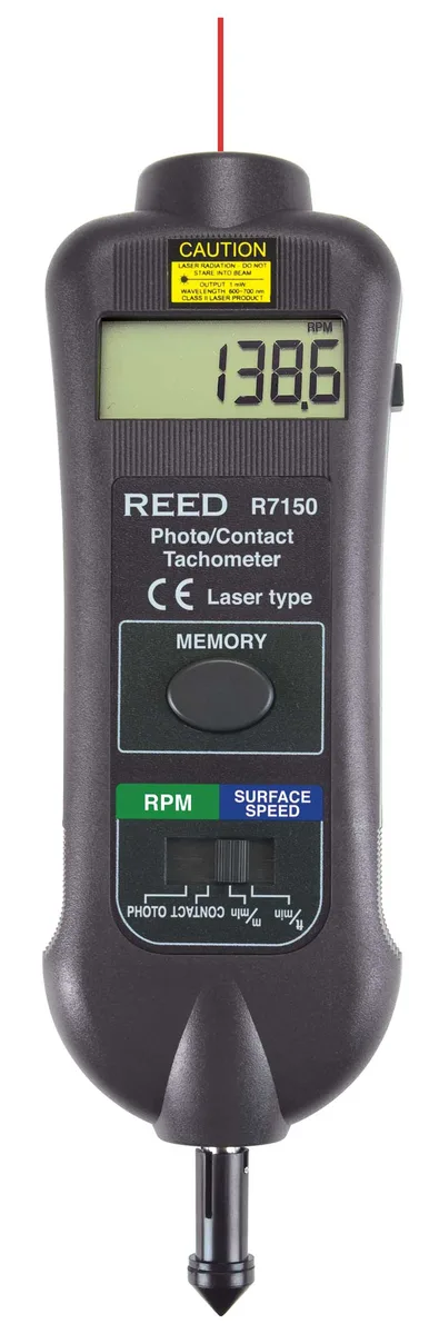 Handheld digital tachometer with laser sensor and contact tip