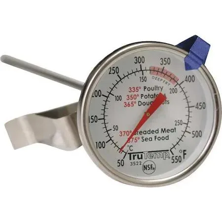 Stainless steel analog deep fry thermometer with 12 inch stem and pan clip