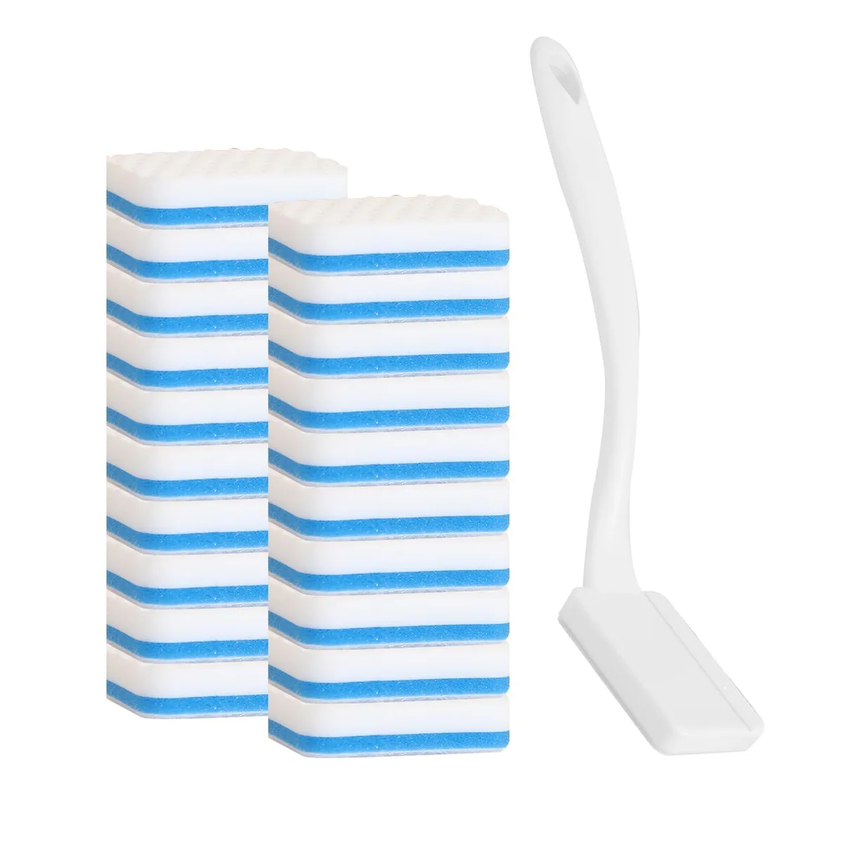 White ergonomic handle with hook-and-loop base and stack of rectangular melamine sponge refill heads