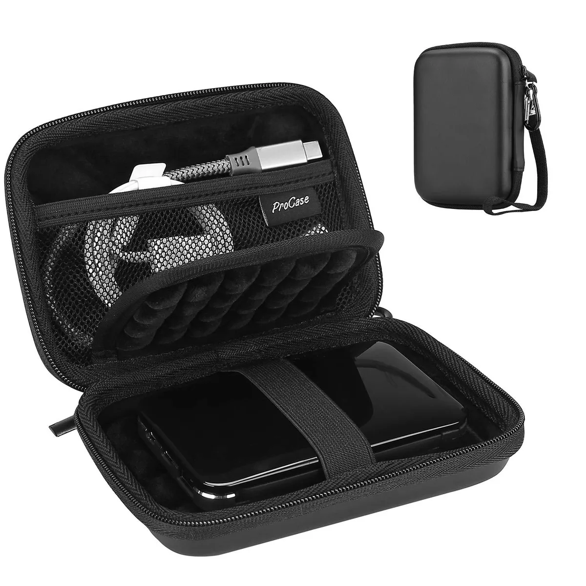 Black EVA travel case for 2.5 inch drives with mesh pocket and carabiner