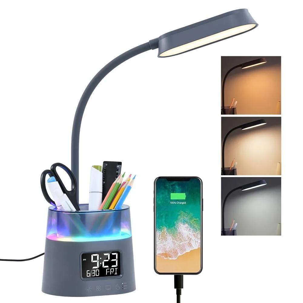 Gray desk lamp with pen holder base, clock display, touch controls, USB port, 5.7 x 5.5 x 10.9 in