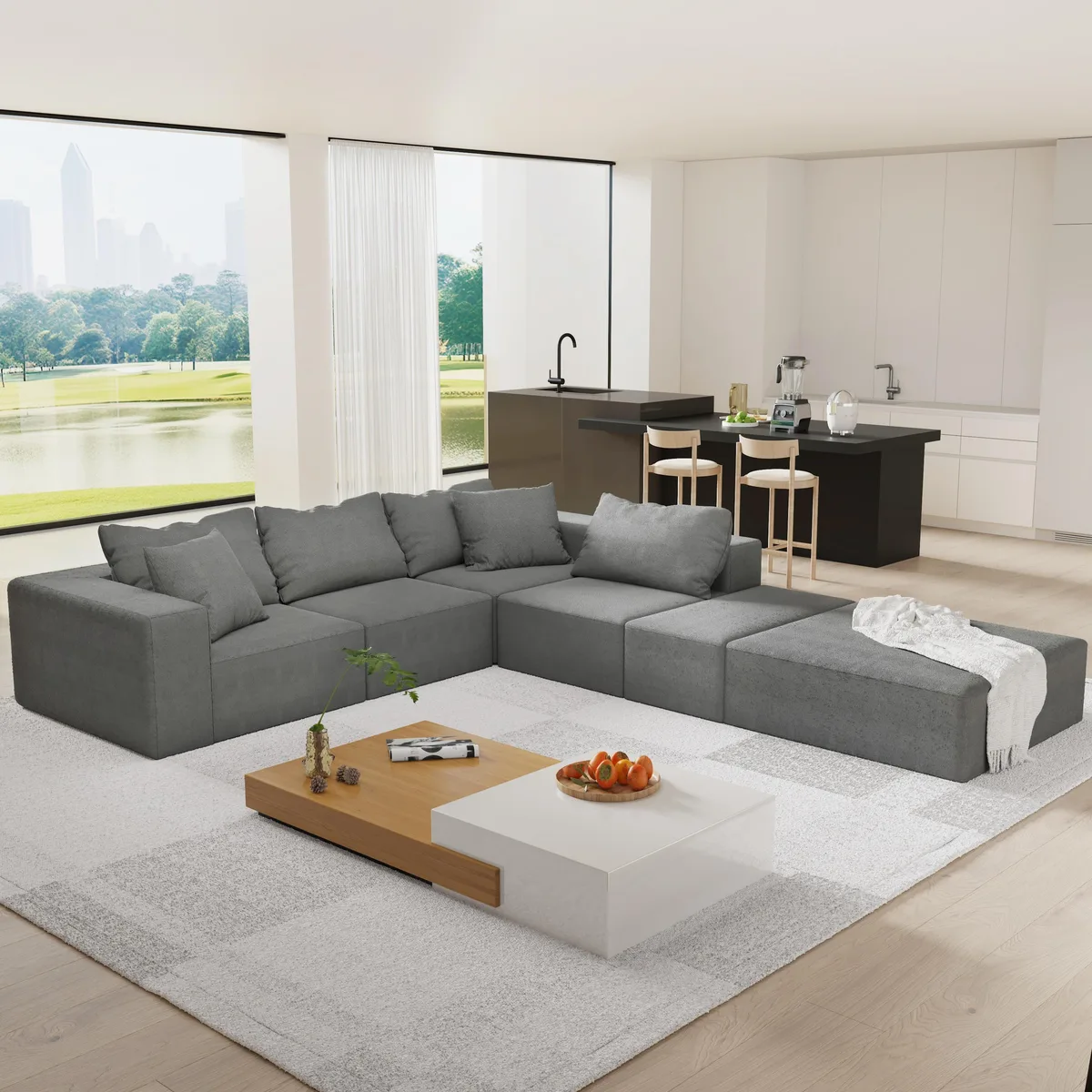Grey chenille modular L-shaped sectional sofa, 132 inches wide, with six matching pillows