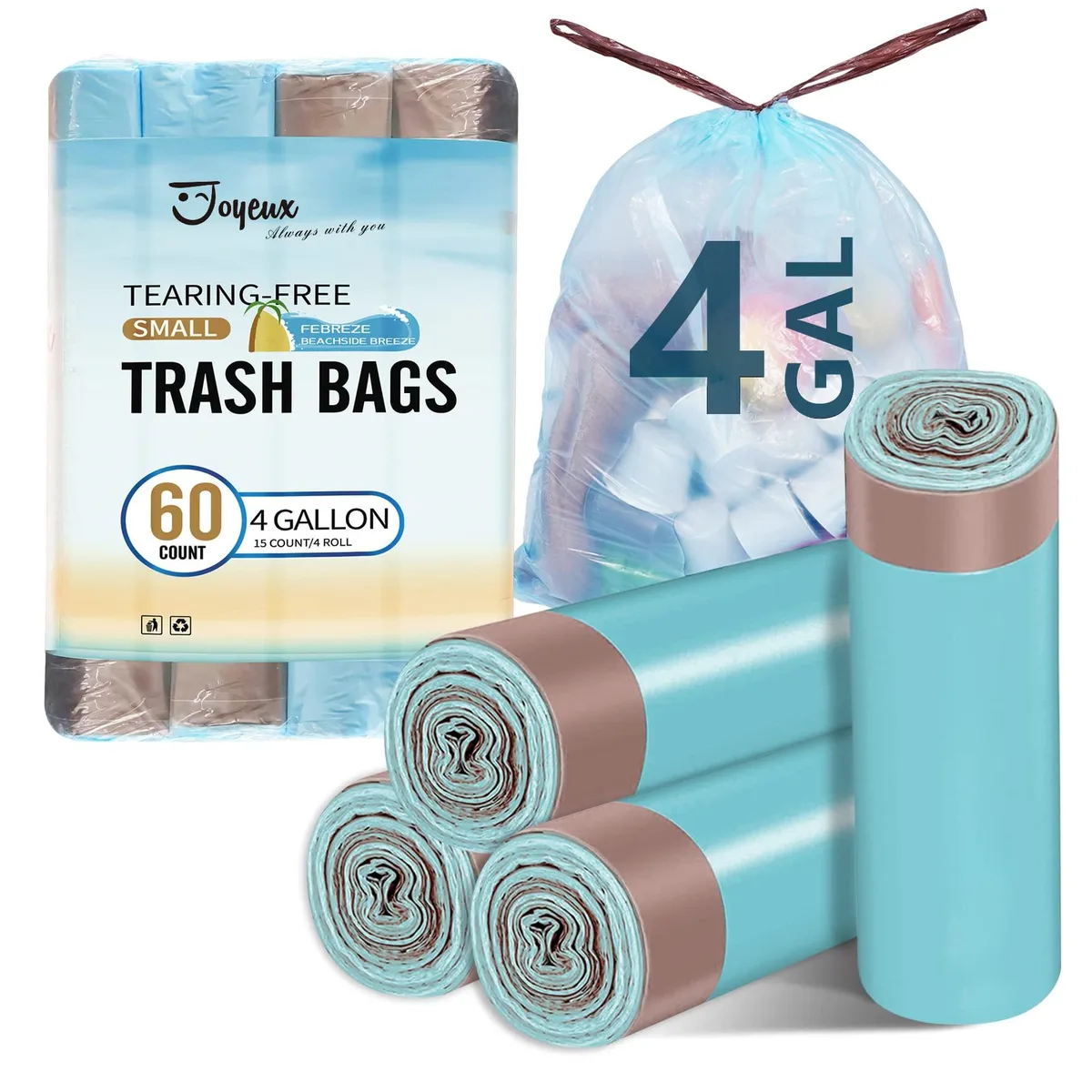 Blue drawstring trash bags in a pack of 60