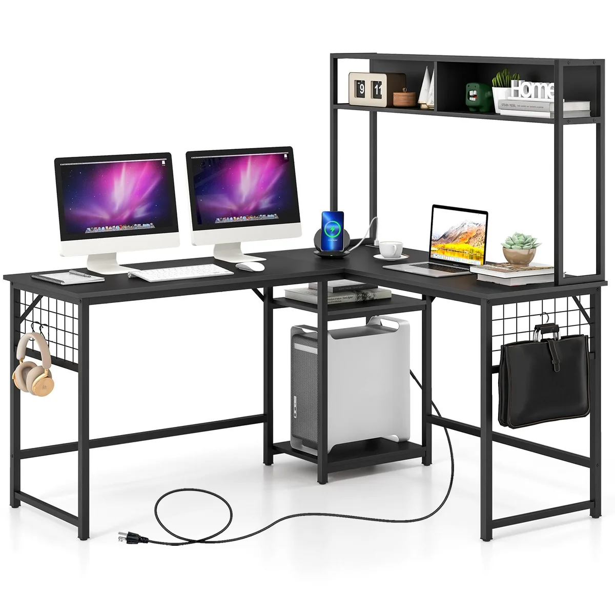 SlickBlue SlickBlue L-shaped Desk with Power Outlet Hutch, Rustic Brown/Black, 59x48x57 in — product photo