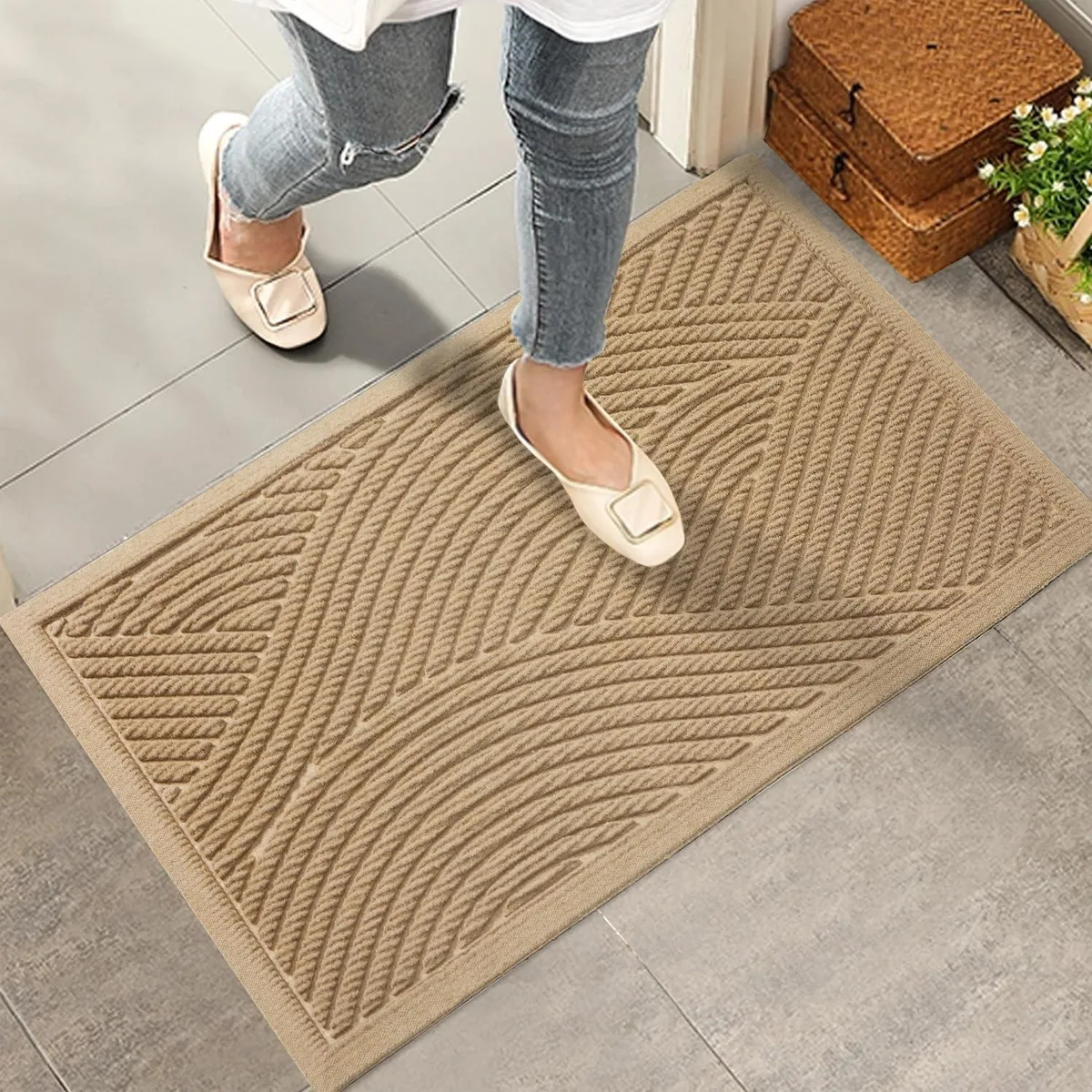 Rectangular bamboo door mat, black striped pattern, low profile, rubber backing, 29 by 17 inches