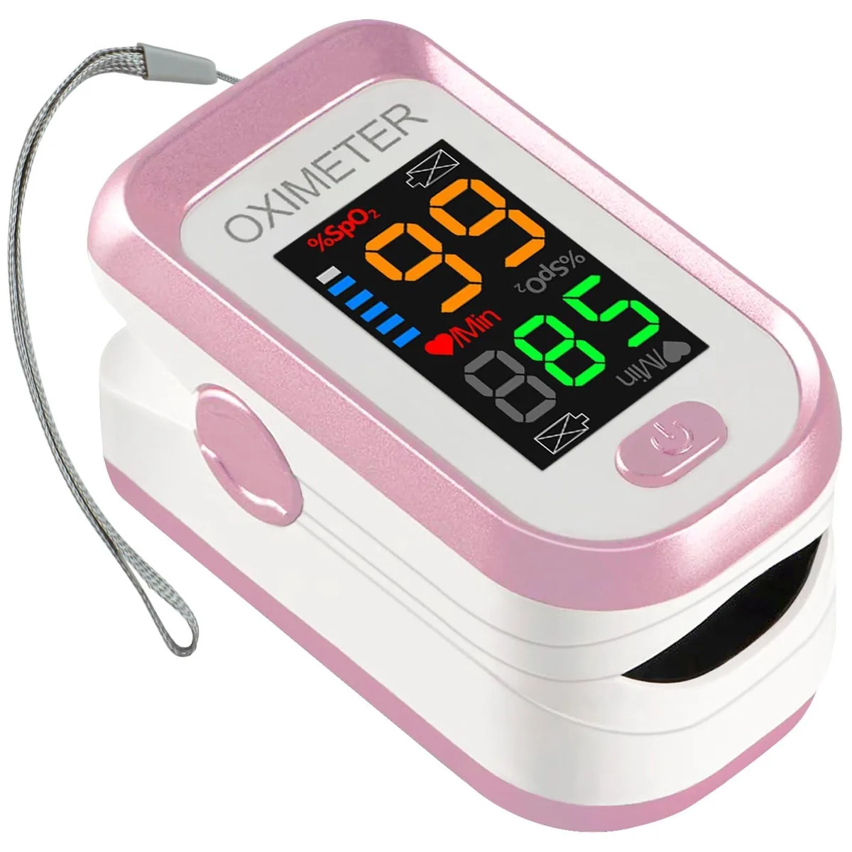 Rose gold fingertip pulse oximeter with LED display and lanyard