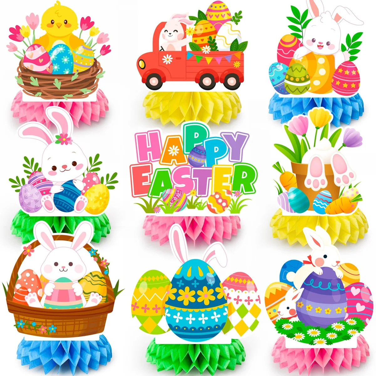 Nine flat honeycomb sheets with bunny and egg cutouts in multi colours