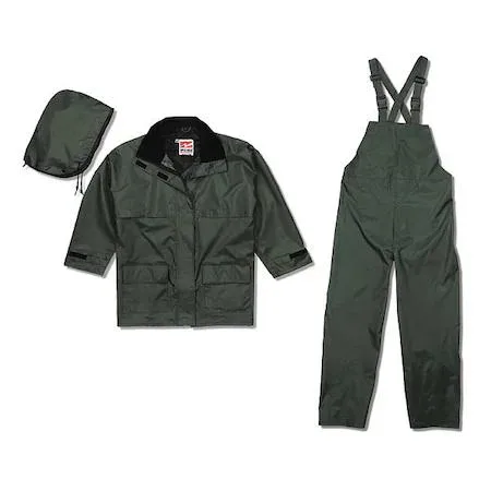 Green three-piece rain suit with detachable hood, 150D rip-stop polyester, size M