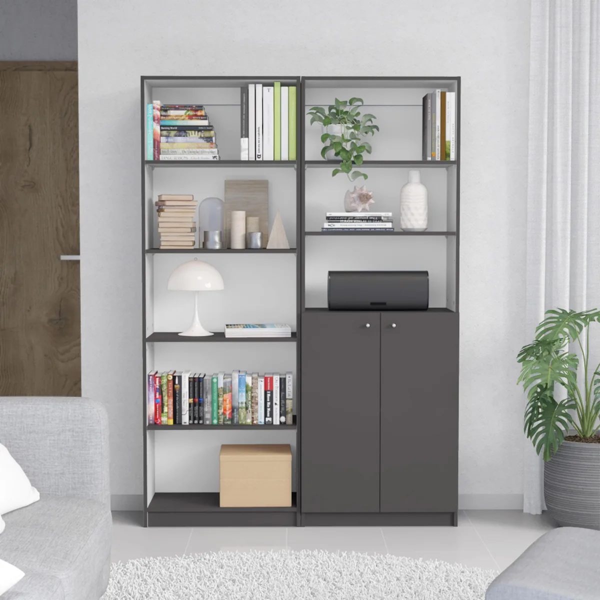 tuphen tuphen Layton 2 Piece Bookcase Set 49" Wide 8 Shelves Double Door Matte Gray White — product photo