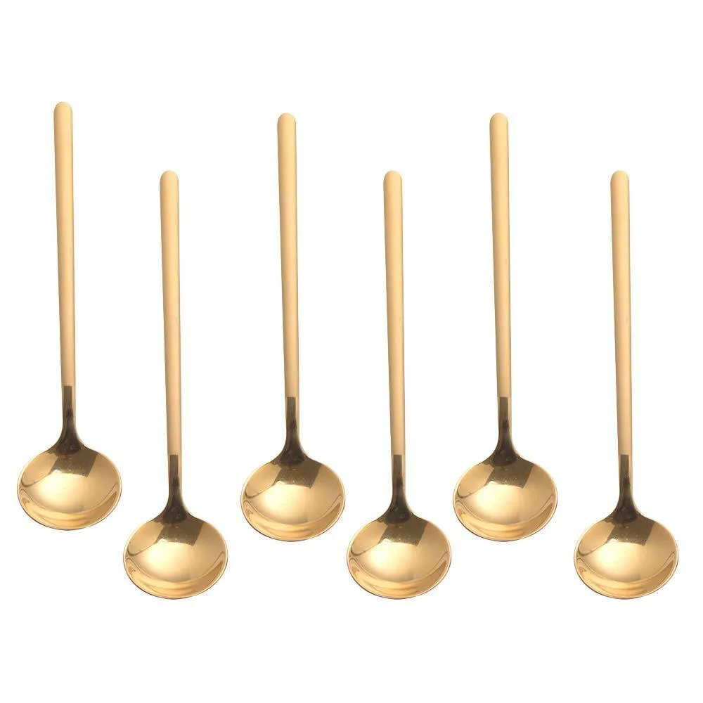 Six gold stainless steel coffee spoons, 5.2 inches long, frosted handles, mirror-polished bowls