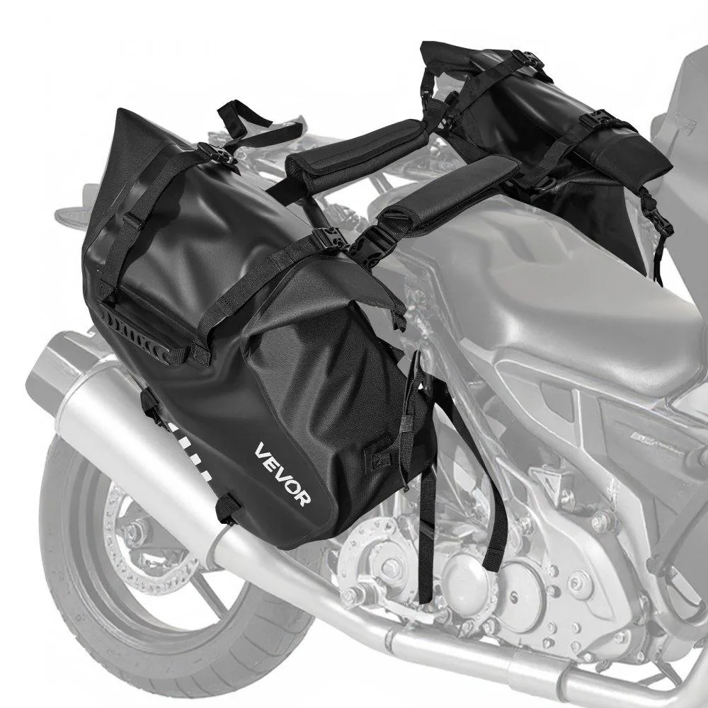 Black waterproof motorcycle saddlebags, pair of 14 L side bags, matte mesh fabric, bottom straps