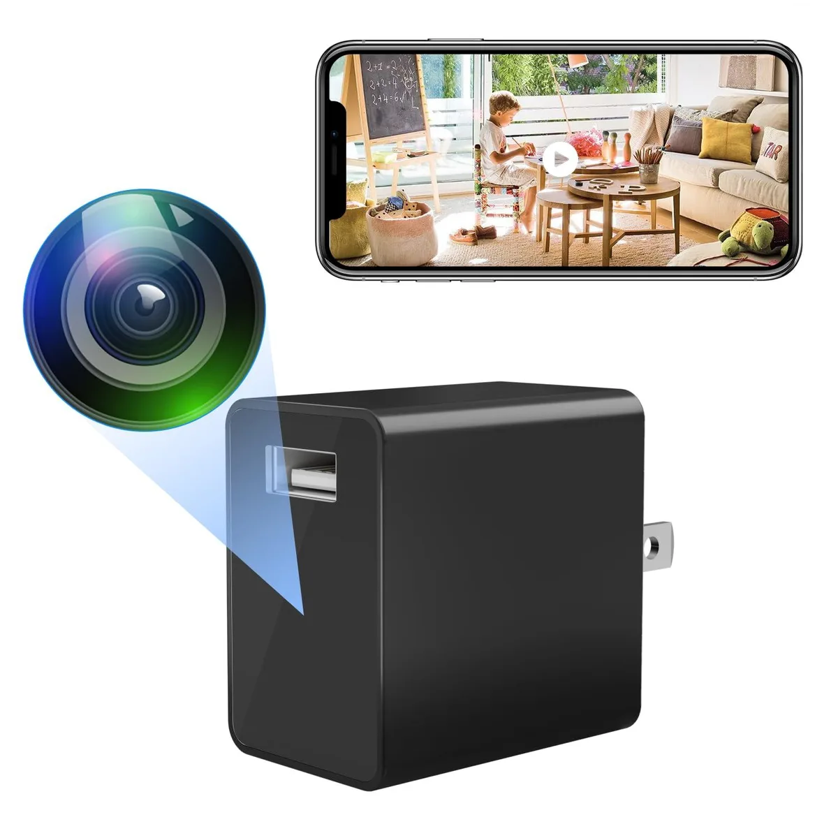 Compact white USB charger camera with 140° lens