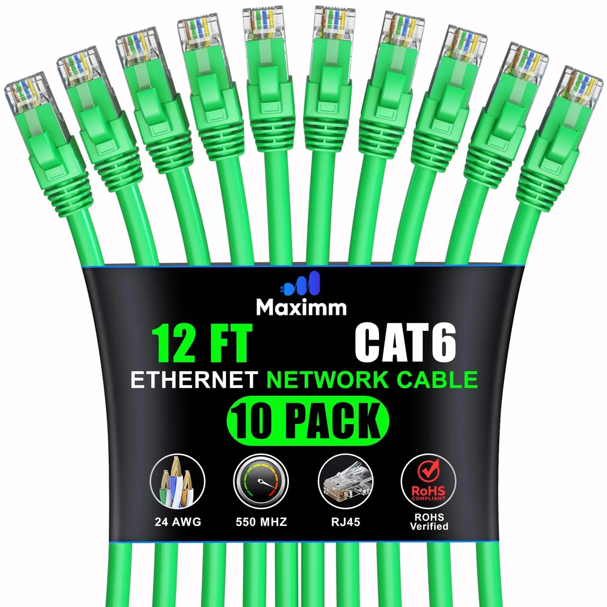 Ten green Cat 6 patch cables with clear snagless boots and gold RJ45 plugs