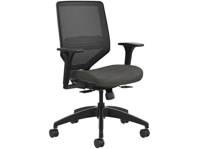 Black mesh mid-back office chair with adjustable arms and synchro-tilt mechanism