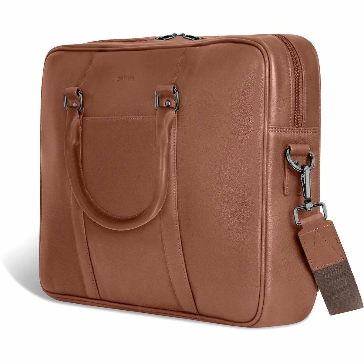 Brown leather slim briefcase with top handle and shoulder strap