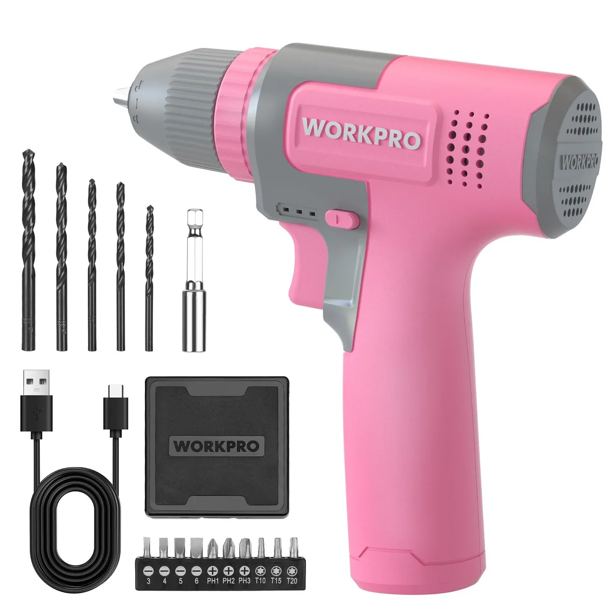 Pink cordless drill with matte finish, keyless chuck, LED light, USB-C cable, bits and storage box