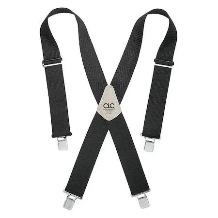 Black poly webbing tool suspenders with elastic rear straps and heavy duty clips