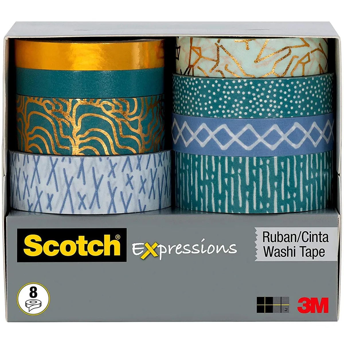 Eight rolls of decorative paper washi tape in assorted colours and patterns