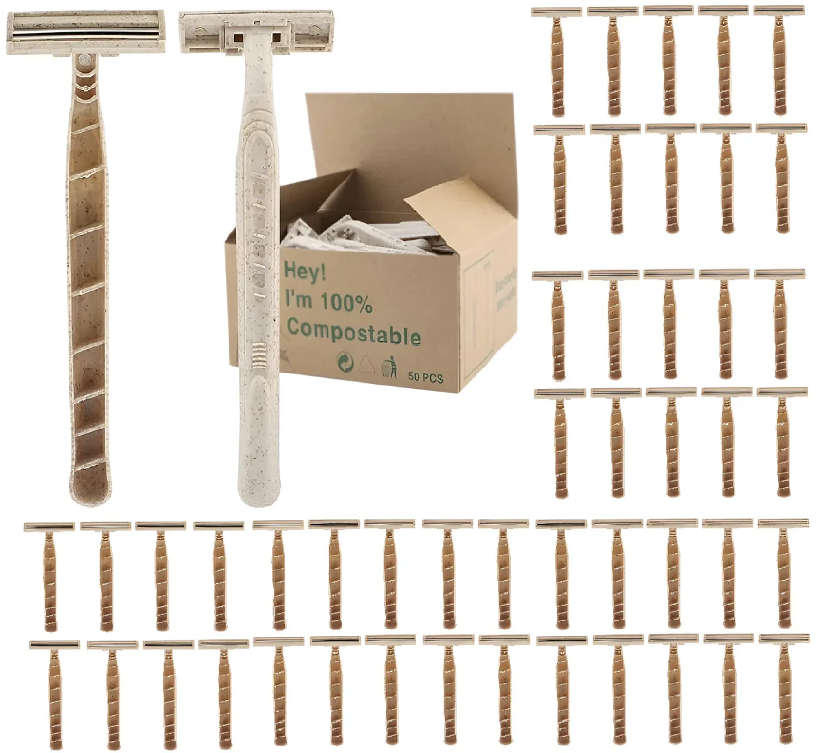 Box of fifty off-white disposable razors with wheat-straw handles