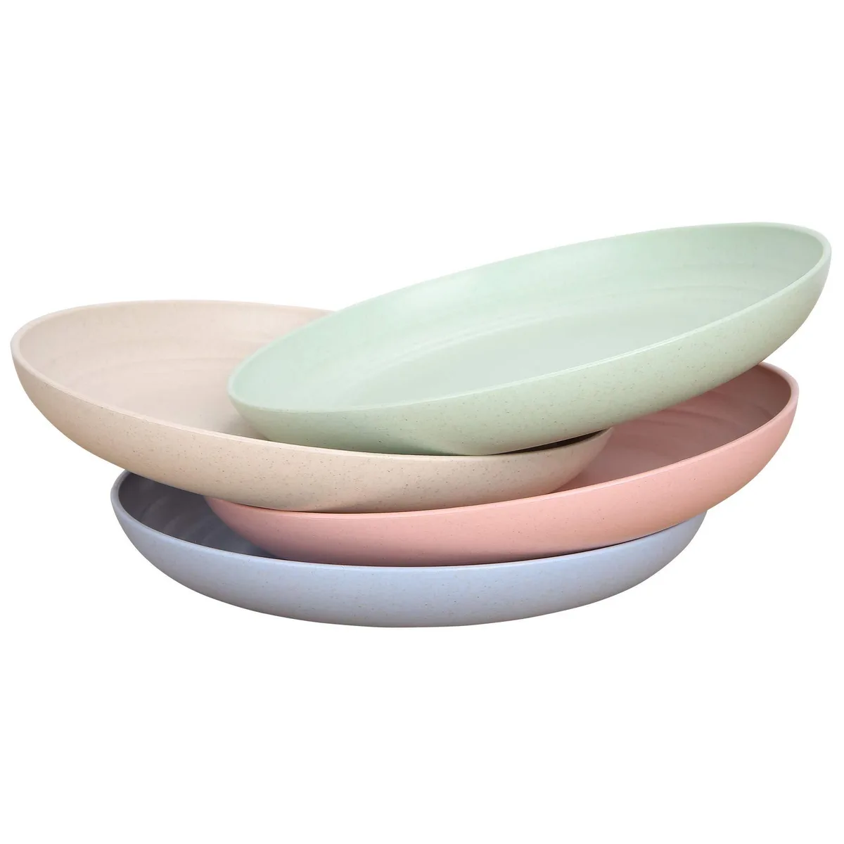 Four 7.8 inch round wheat straw plates in green blue yellow pink