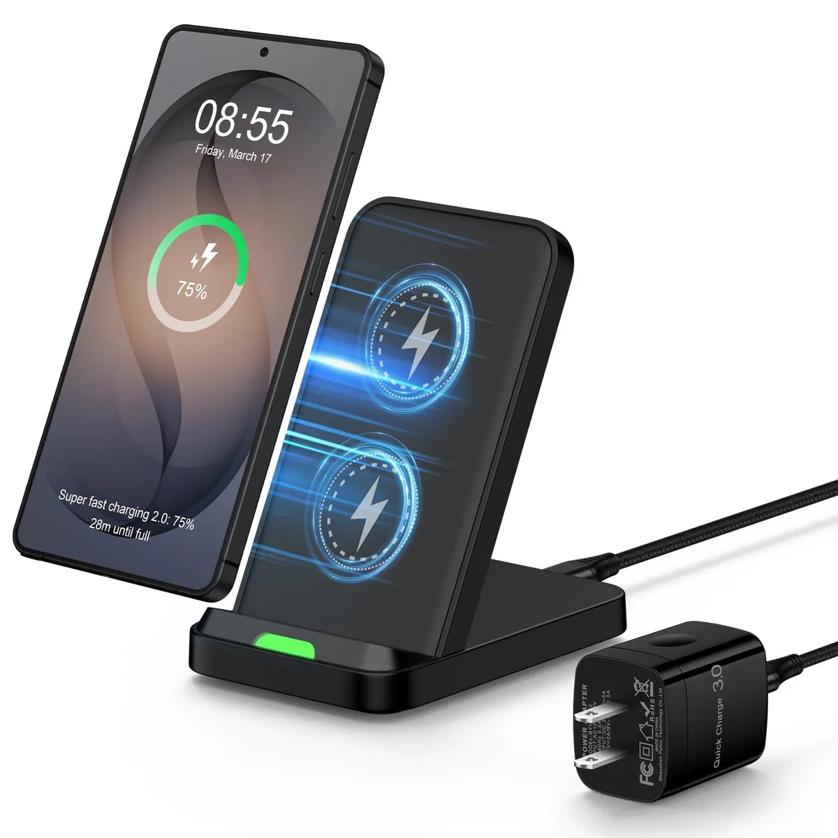  HUHUTa BYHA-002 15W wireless charger stand with QC3.0 adapter — product photo