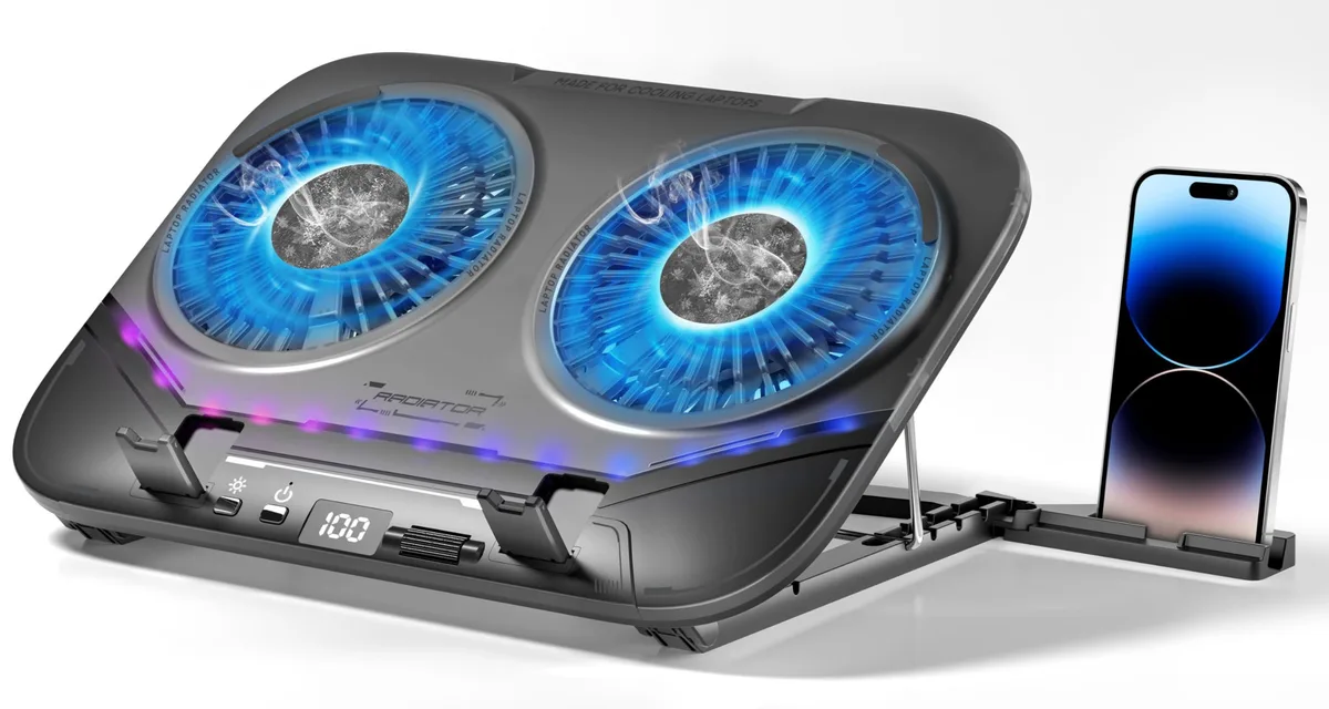 Smoky black laptop cooling pad with dual fans and RGB lighting