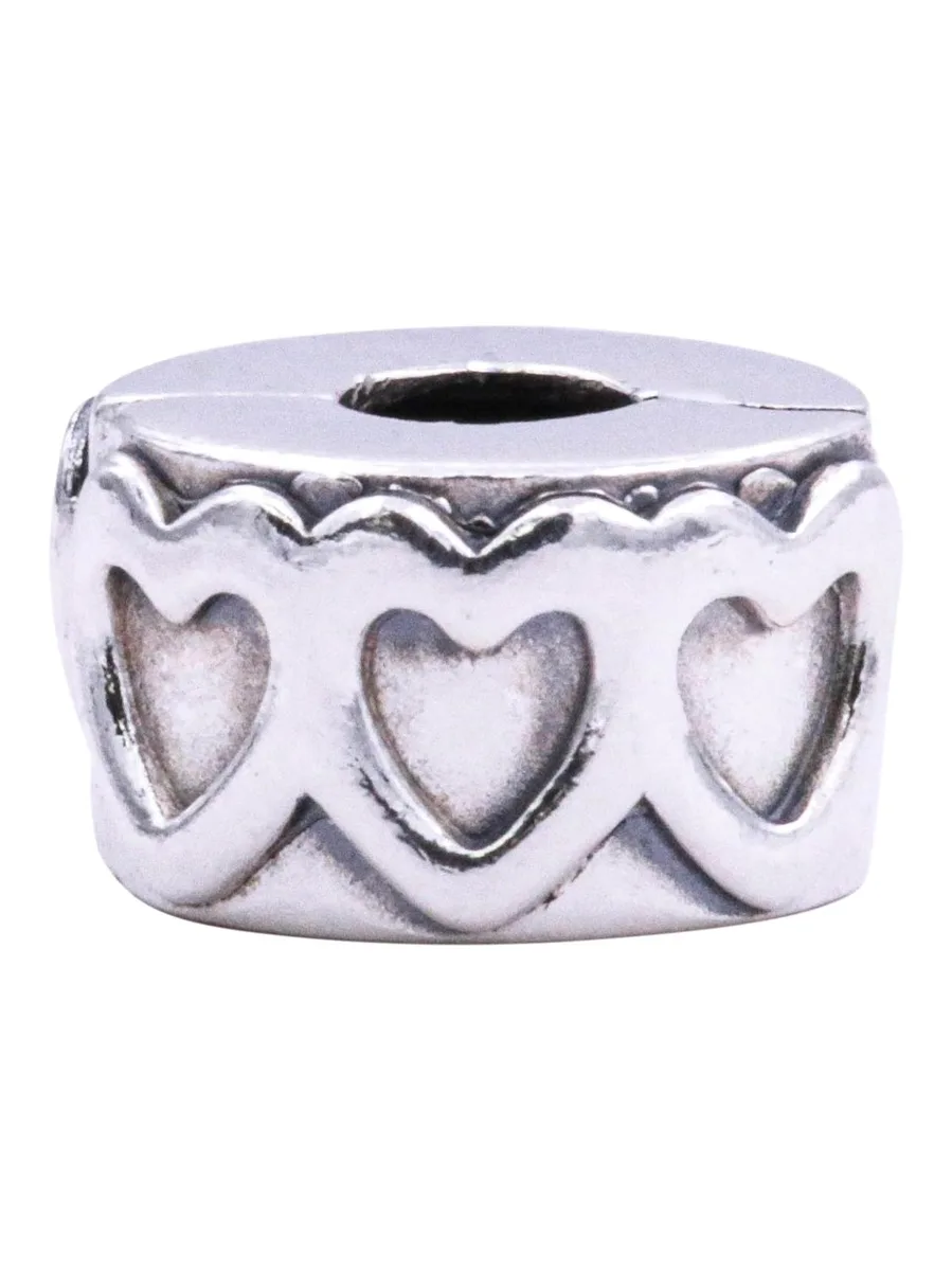Polished sterling silver charm with a row of linked hearts, angular clip design