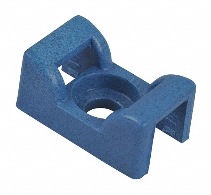 Small blue nylon saddle mount 0.67 in long with two slots and screw hole