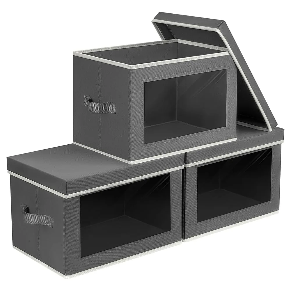 Three dark grey collapsible fabric storage bins with clear front windows and handles