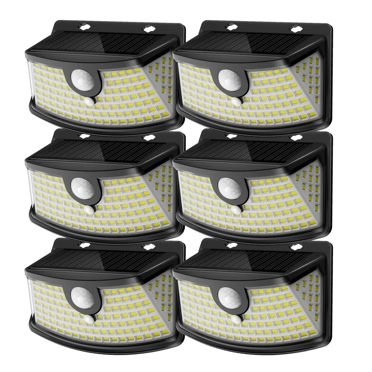 Six black rectangular solar lights with angled panels and LED arrays