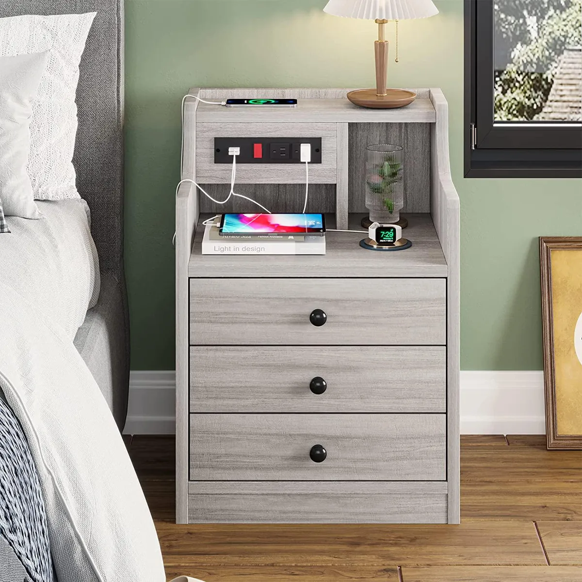 Grey nightstand with charging station, hutch top and storage drawers