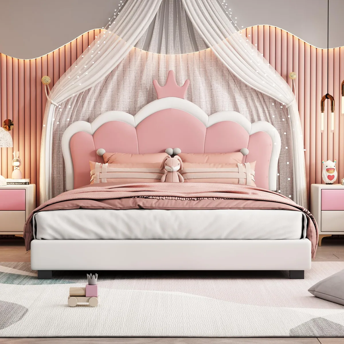 Full-size upholstered princess bed with crown headboard in cream pink finish