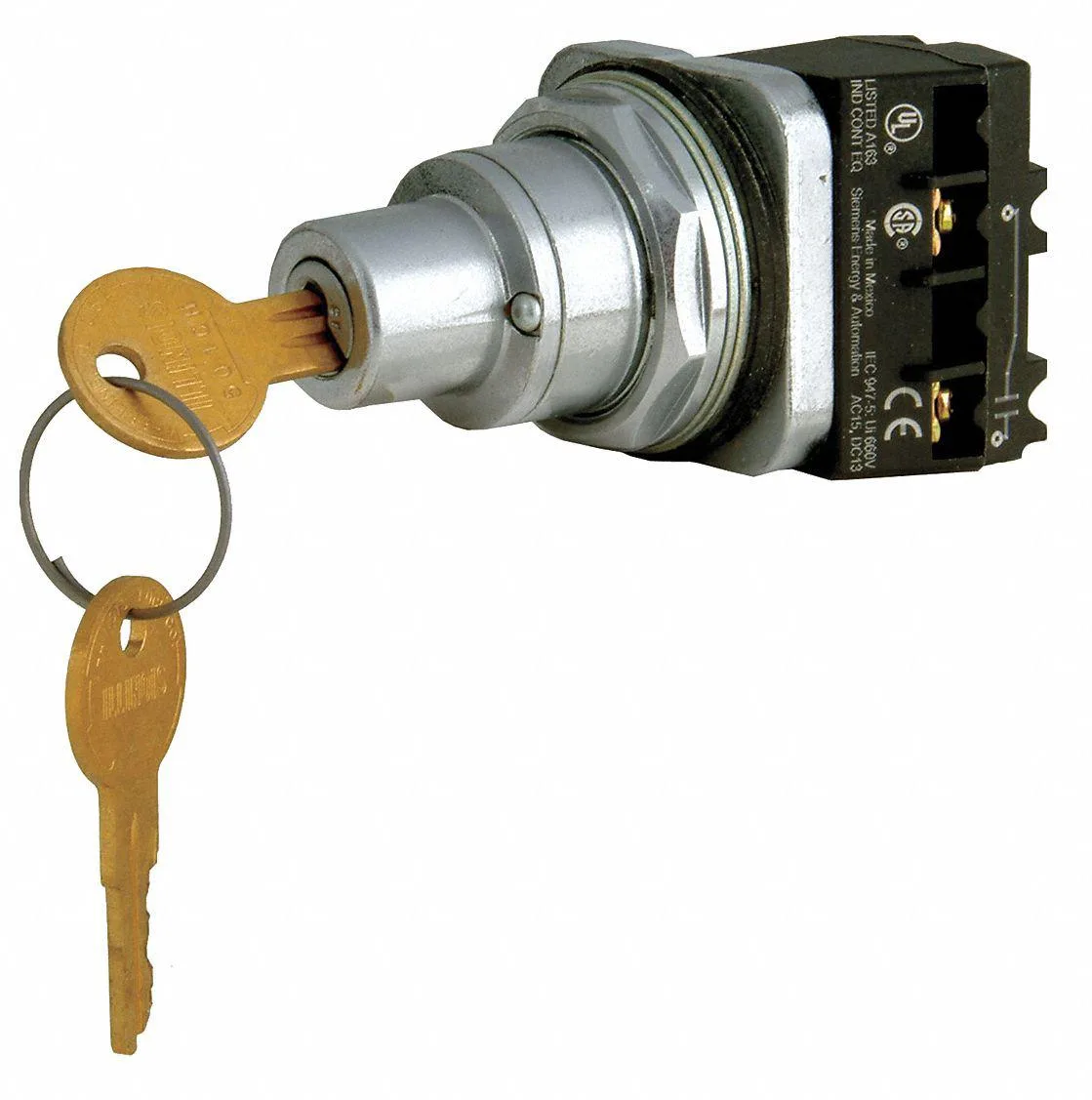 Chrome 30 mm selector switch with black bezel, keyed operator, metal construction