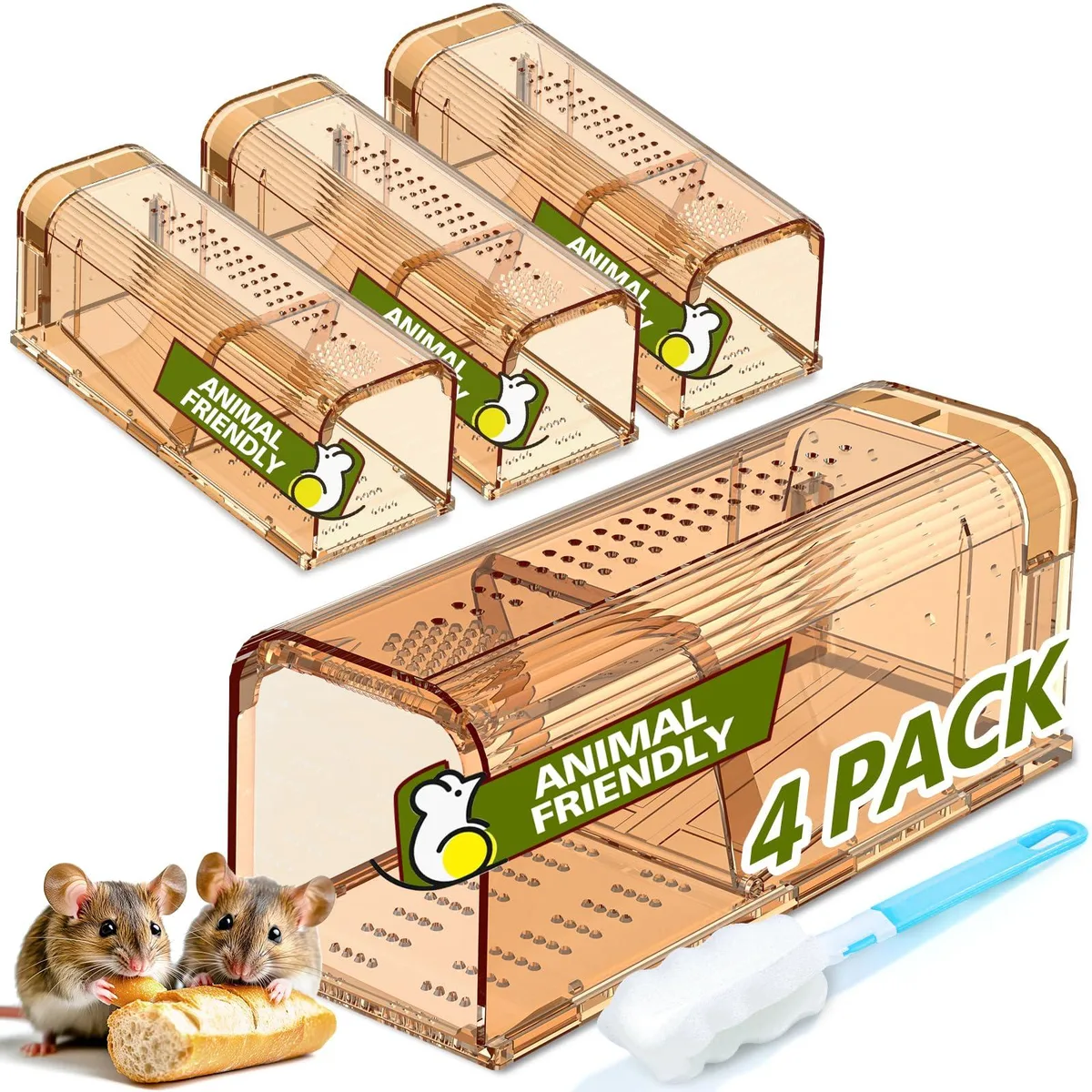 Four transparent tea-coloured plastic box traps with spring doors and side compartments