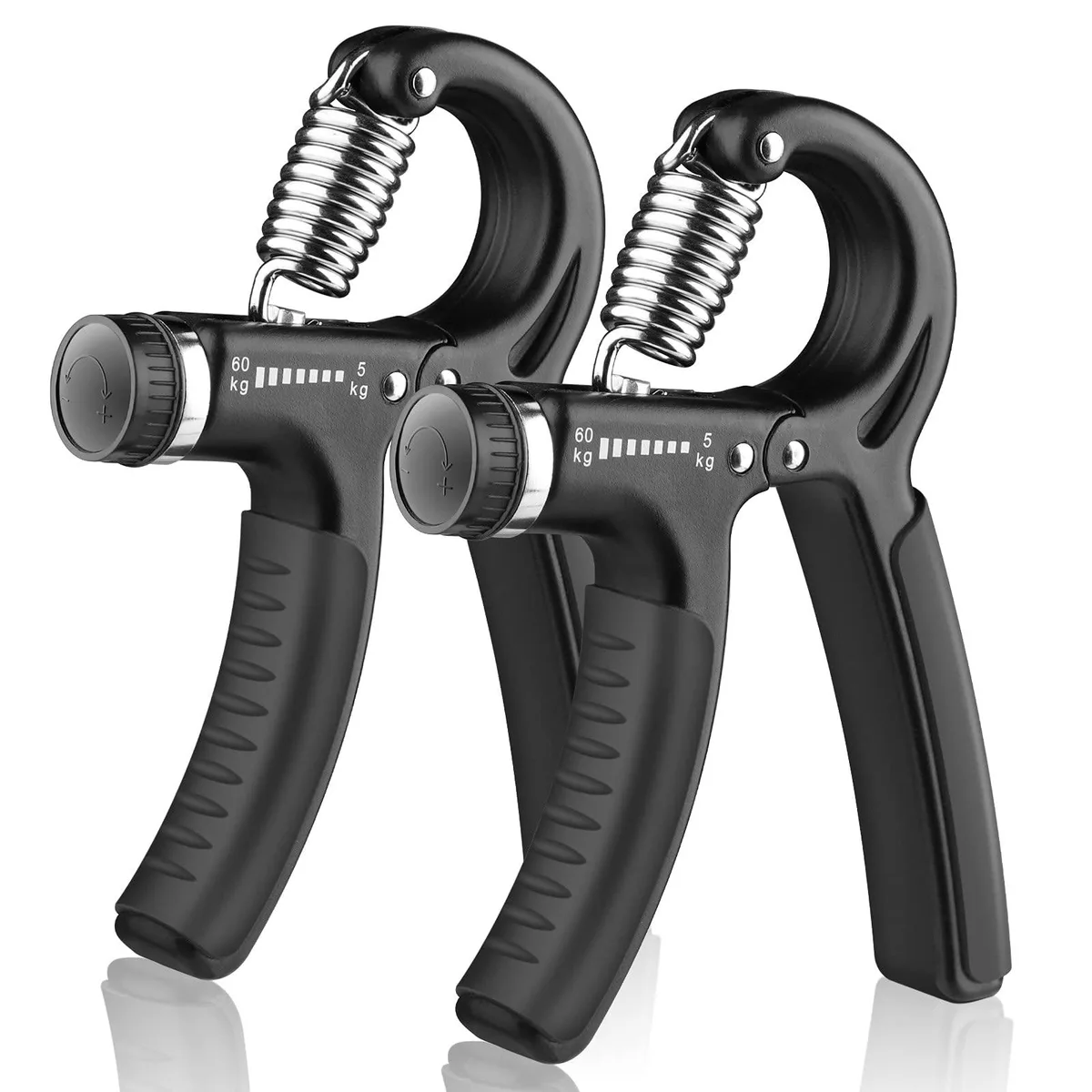 Two black V-shaped metal hand grippers with ergonomic handles side by side