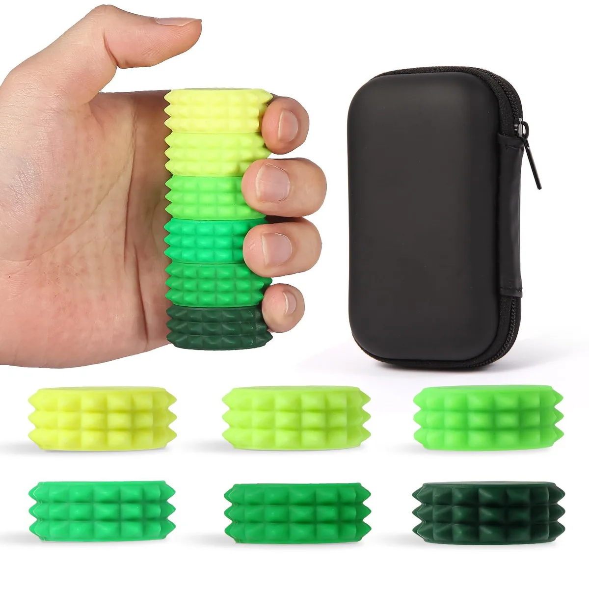 Six silicone spiked balls in bright colours with storage box