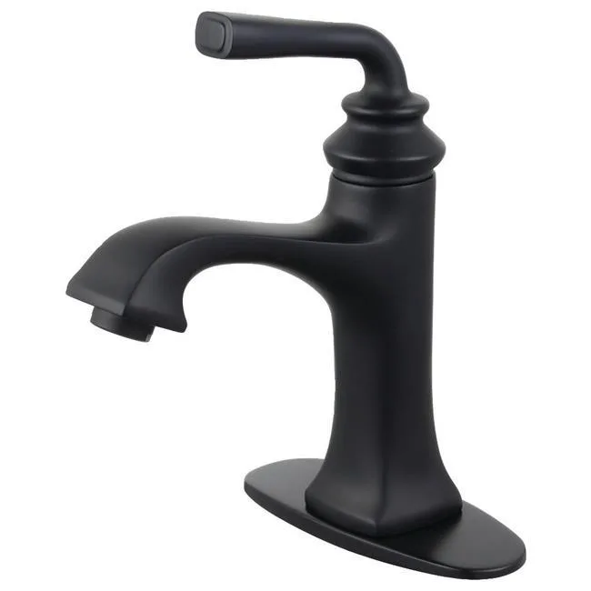 Single-handle bath faucet, matte black finish, deck plate and push-up drain visible
