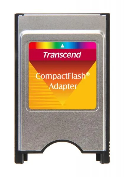 Thin rectangular PCMCIA adapter, silver finish, 68-pin connector visible, CompactFlash slot on side