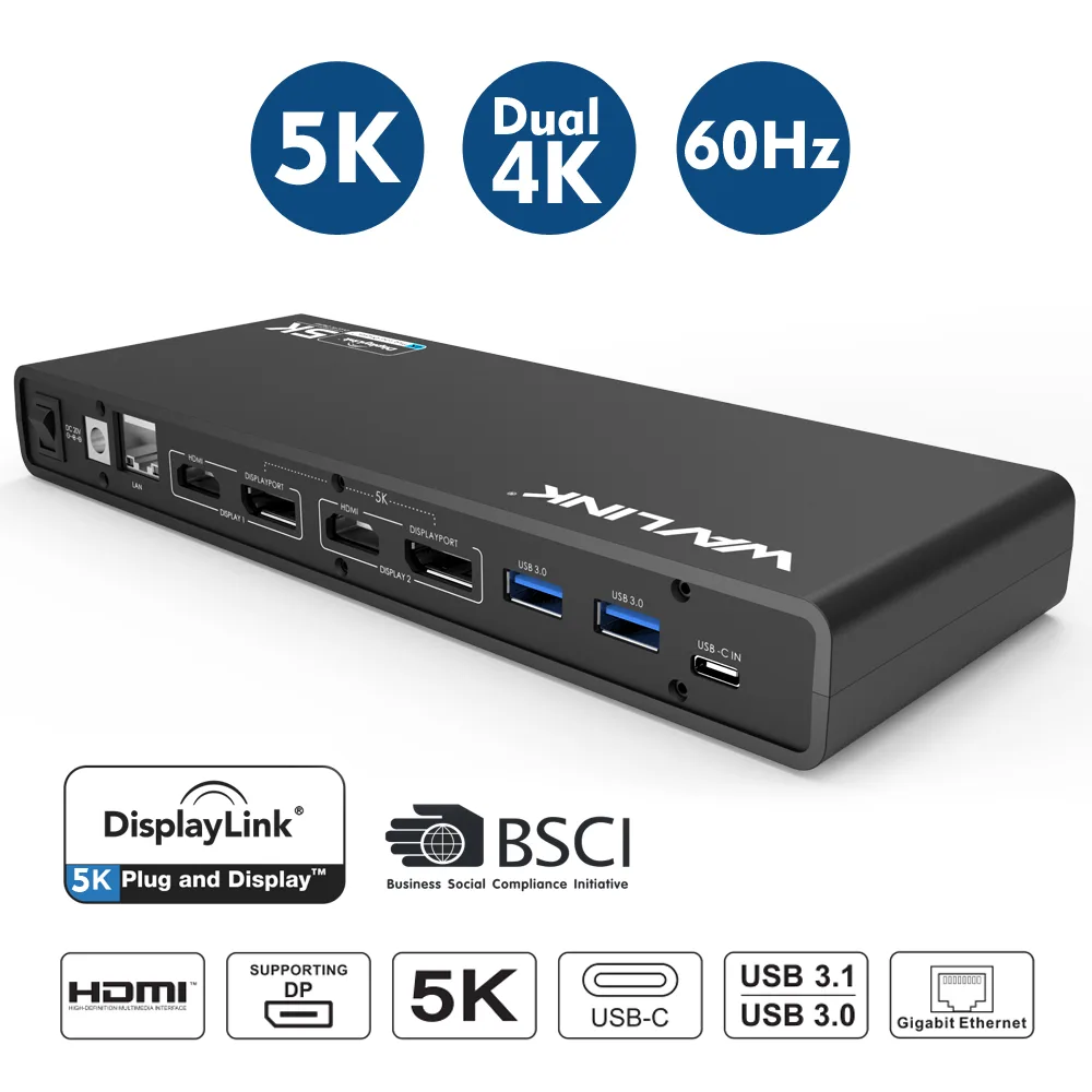 Wavlink Wavlink UG69DK1 USB-C docking station dual 4K 6 USB-A 3.0 2 DP 2 HDMI Gigabit Ethernet — product photo