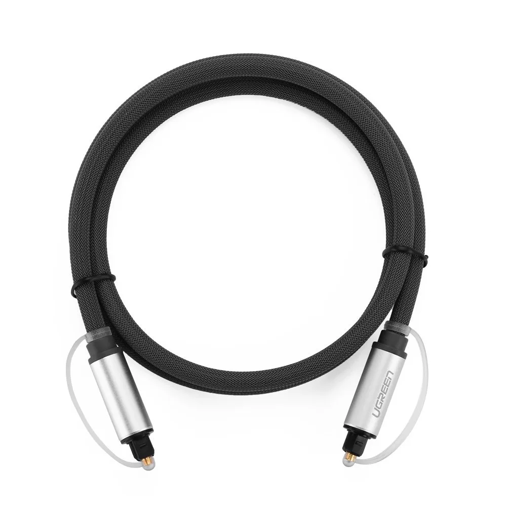 Black Toslink optical audio cable with gold-plated connectors, aluminum connector shells and a braided nylon jacket, 10ft length